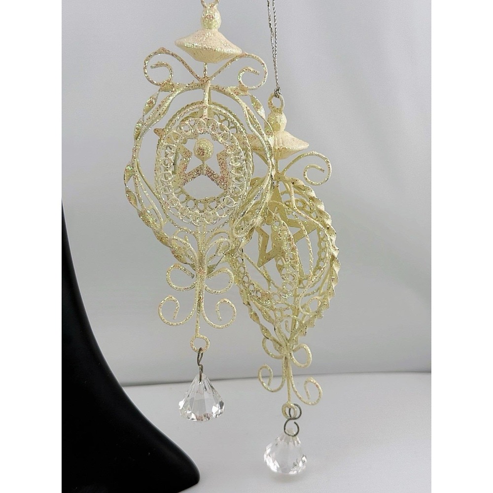 Set Of 2 Filigree Ornaments With Star Motif & Clear Crystal Drop